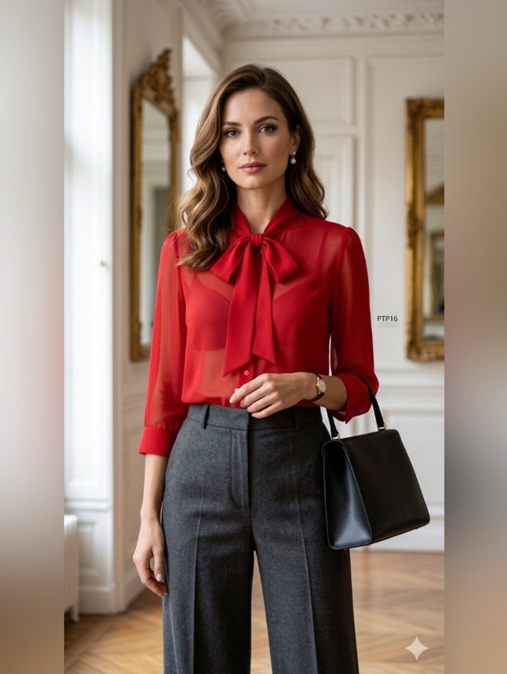 American Apparel Red Sheer Bow-Tie Blouse